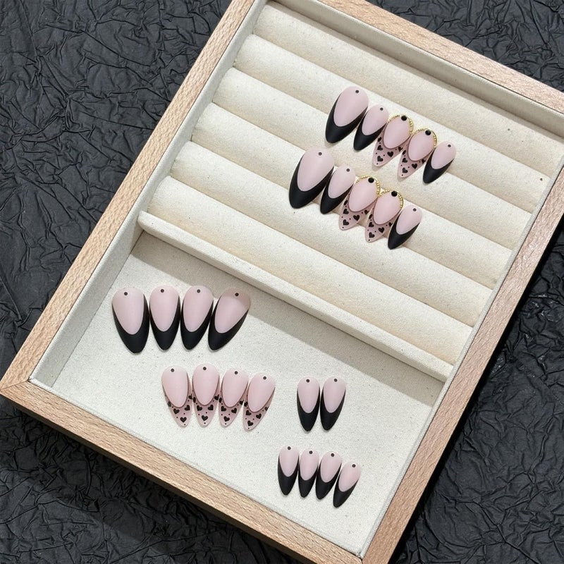 SINHOT French Tip Press on Nails Medium Almond Fake Nails Glossy False Nails Stiletto Glue on Nail with Design Cute Black Graffiti Full Cover Acrylic Nail (24Pcs,1 Glue) - Image 3